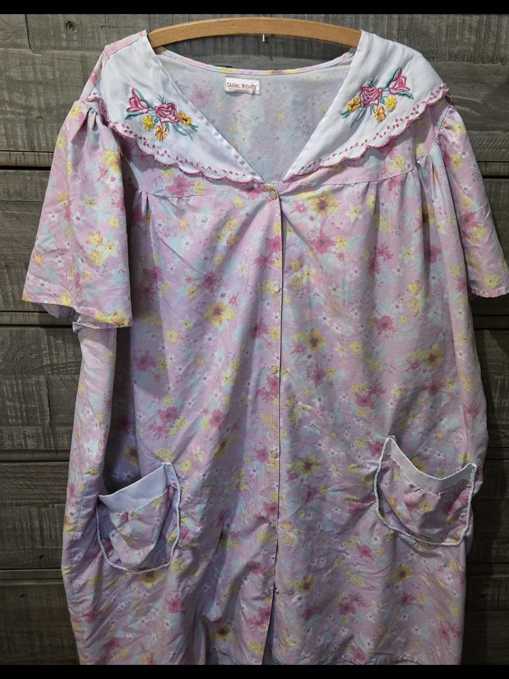 Casual Nights Pink Floral House Dress Snap Front Embroidered Collar Pockets